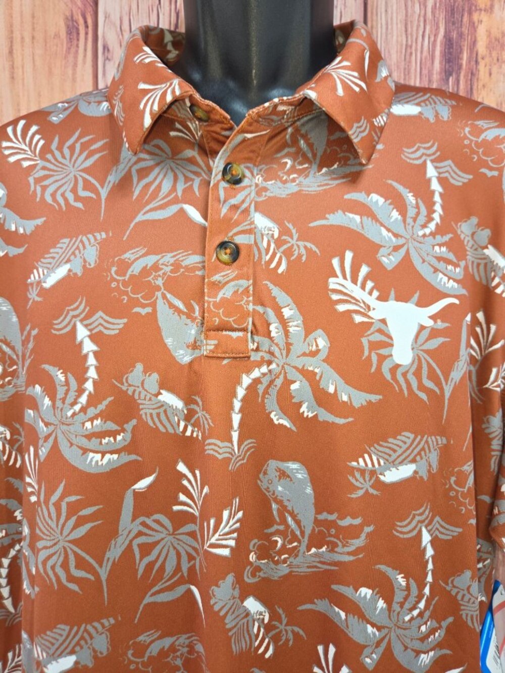 Texas Longhorns Columbia PFG Mens Hawaiian Polo Large NWT Palm Print - Picture 3 of 11